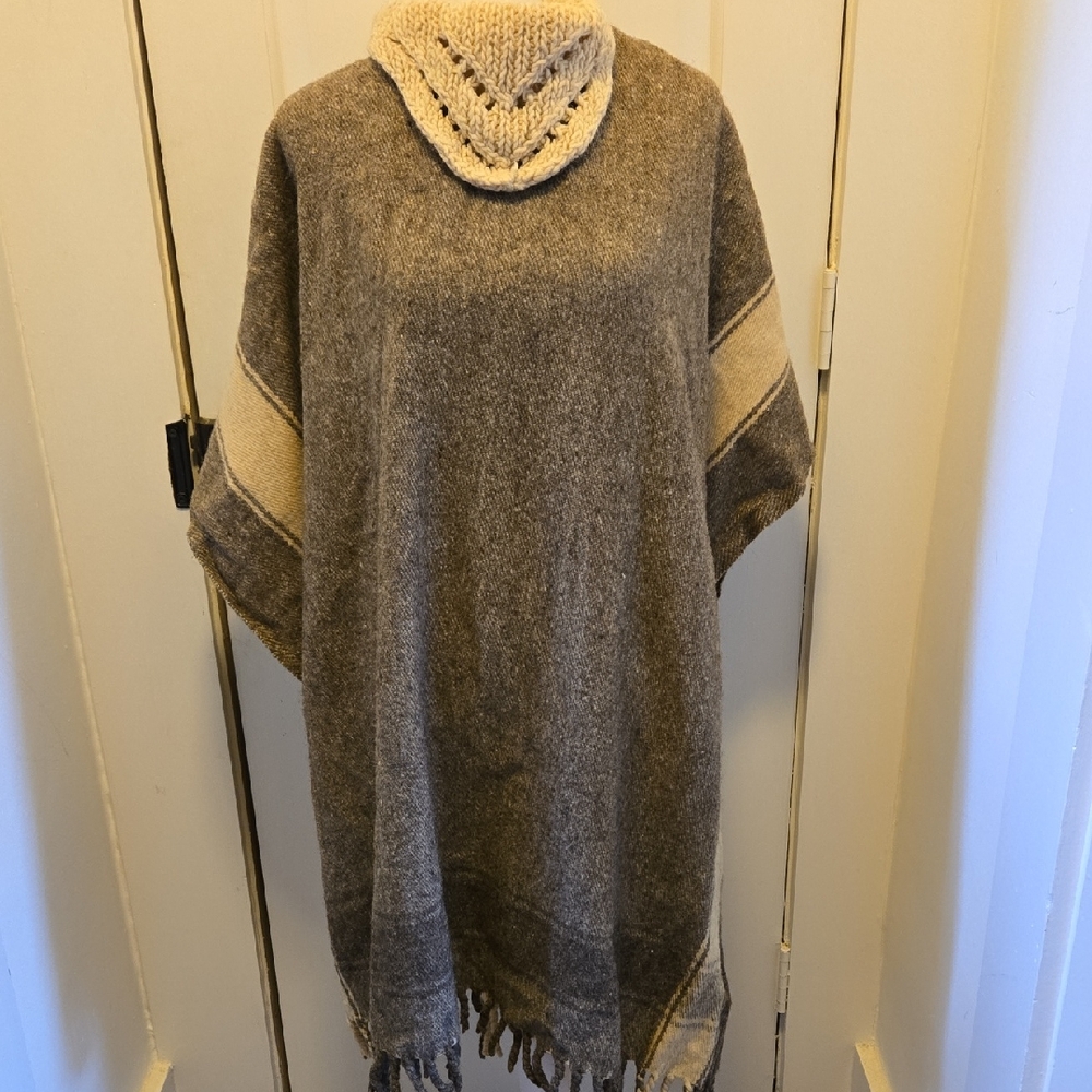 Vintage Big G Imports Mexican Wool Cowl Neck Tan Striped Fringe Poncho